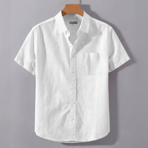White Linen Cotton Regular Fit Plain Half Shirt