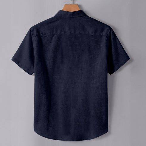 Navy Blue Linen Cotton Regular Fit Plain Half Shirt