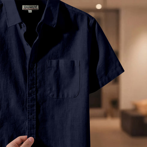 Navy Blue Linen Cotton Regular Fit Plain Half Shirt