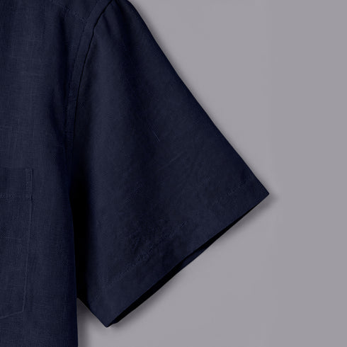 Navy Blue Linen Cotton Regular Fit Plain Half Shirt
