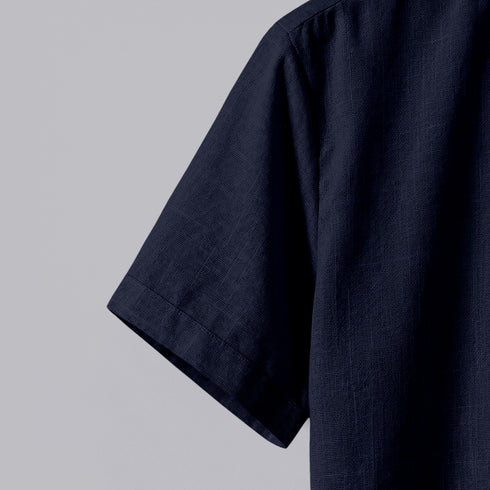 Navy Blue Linen Cotton Regular Fit Plain Half Shirt