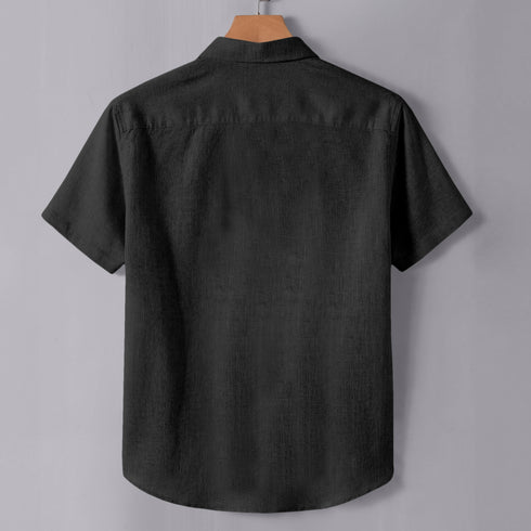 Black Linen Cotton Regular Fit Plain Half Shirt