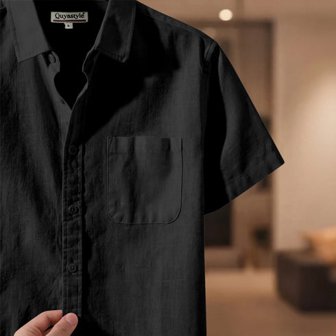 Black Linen Cotton Regular Fit Plain Half Shirt