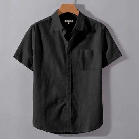 Black Linen Cotton Regular Fit Plain Half Shirt