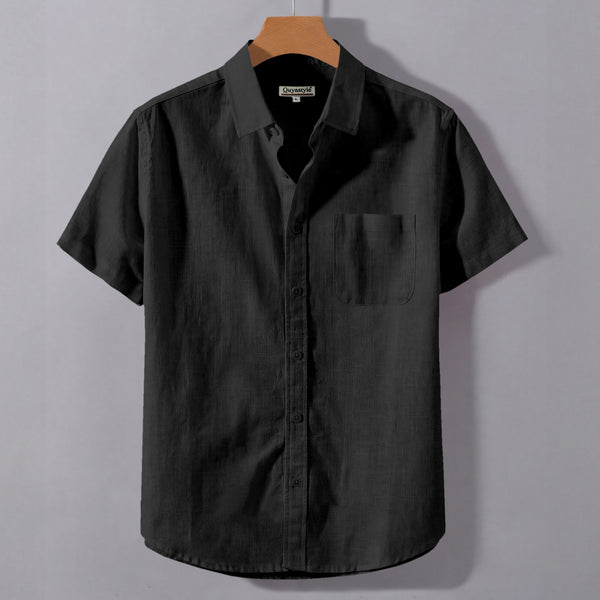Black Linen Cotton Regular Fit Plain Half Shirt