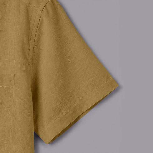 Brown Linen Cotton Regular Fit Plain Half Shirt