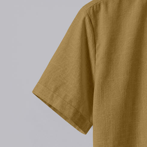 Brown Linen Cotton Regular Fit Plain Half Shirt
