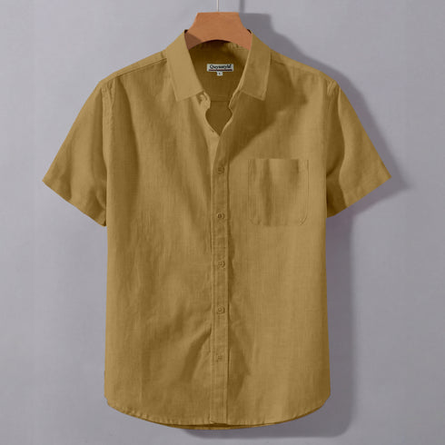 Brown Linen Cotton Regular Fit Plain Half Shirt