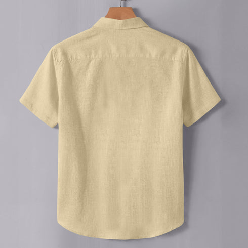 Beige Linen Cotton Regular Fit Plain Half Shirt