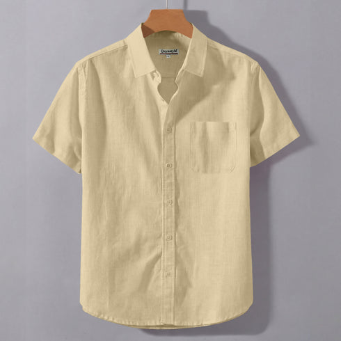 Beige Linen Cotton Regular Fit Plain Half Shirt