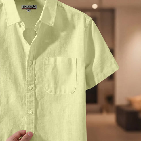 Light Yellow Linen Cotton Regular Fit Plain Half Shirt
