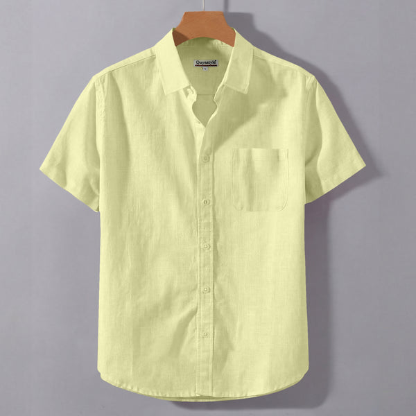 Light Yellow Linen Cotton Regular Fit Plain Half Shirt