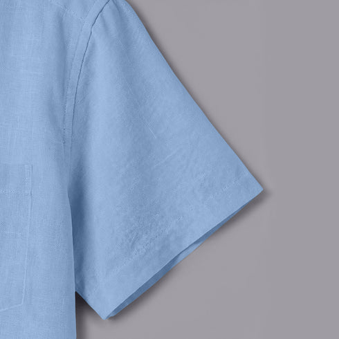 Sky Blue Linen Cotton Regular Fit Plain Half Shirt