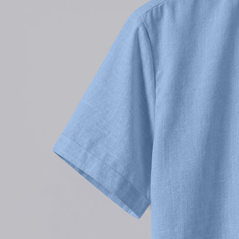 Sky Blue Linen Cotton Regular Fit Plain Half Shirt