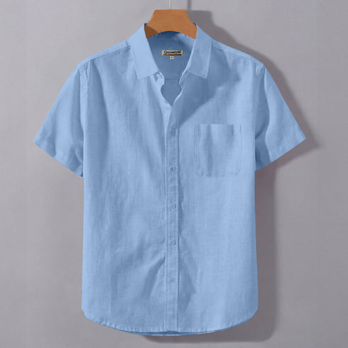 Sky Blue Linen Cotton Regular Fit Plain Half Shirt