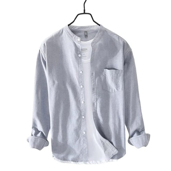 Grey Chinese Collar Linen Slub Cotton Shirt