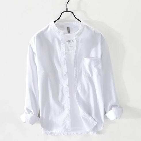 White Chinese Collar Linen Slub Cotton Shirt