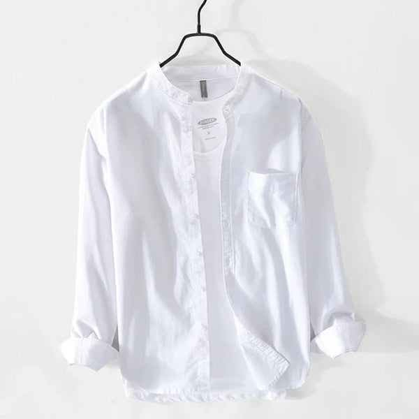 White Chinese Collar Linen Slub Cotton Shirt