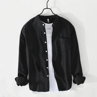 Black Chinese Collar Linen Slub Cotton Shirt