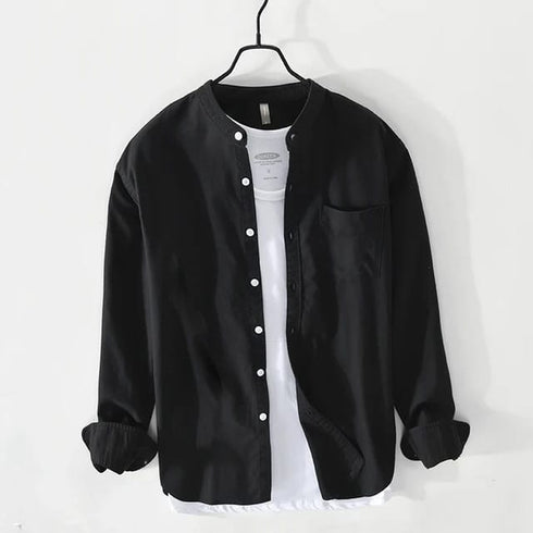 Black Chinese Collar Linen Slub Cotton Shirt