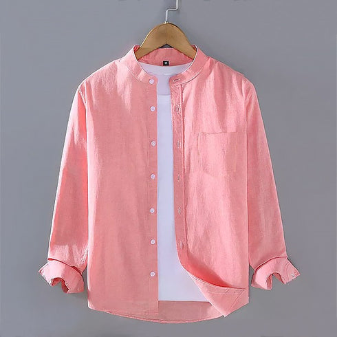 Light Pink Chinese Collar Linen Slub Cotton Shirt