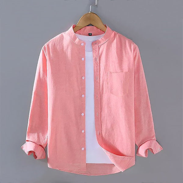 Light Pink Chinese Collar Linen Slub Cotton Shirt